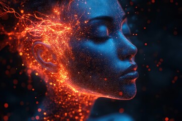 Fototapeta premium ai game developer materializes from swirling code fragments digital neurons form translucent cranium housing pulsing data streams cybernetic creativity visualized
