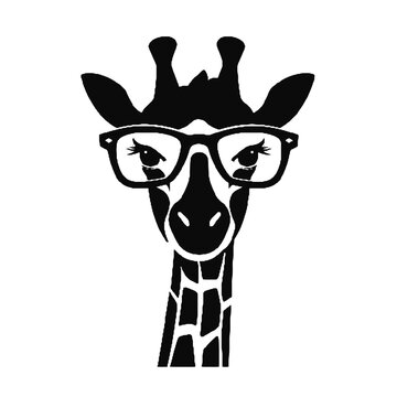 recommend clip art: giraffe, wears black framed eyeglasses engraving black and white outline