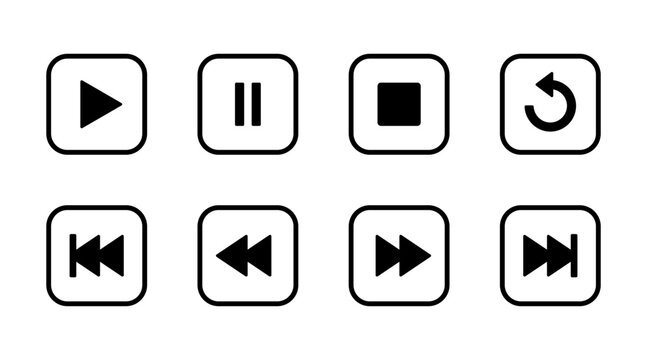 Play, pause, stop, repeat, previous and next button icon on square line
