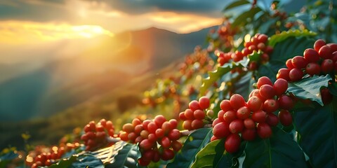 Sunlit Coffee Plantation with Red Cherries and Rolling Hills
