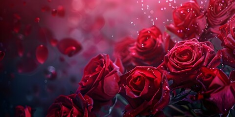 Close-Up of Vibrant Red Roses with Petals and Glistening Droplets
