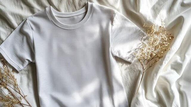 Sunlight casting shadows on white t shirt mockup on linen