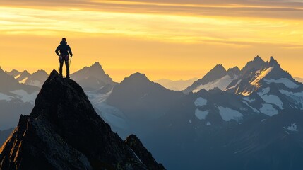 Mountain climber on peak at sunrise, silhouette against golden light, with snow-capped mountains in the background.