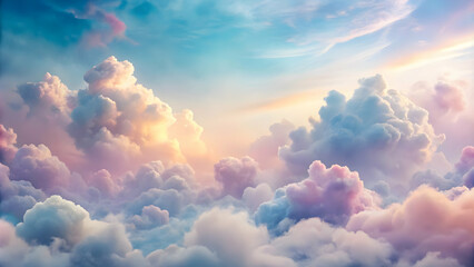 Dreamy Skies: A breathtaking panorama of fluffy clouds bathed in a vibrant tapestry of pastel hues, as the sun's golden rays pierce through.