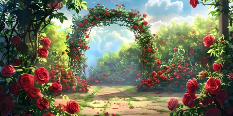 Romantic Garden with Blooming Rose Arch and Cloudy Sky
