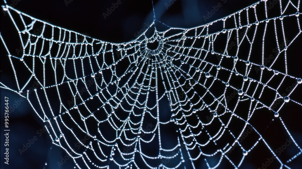 Poster dew-covered spider web with intricate design