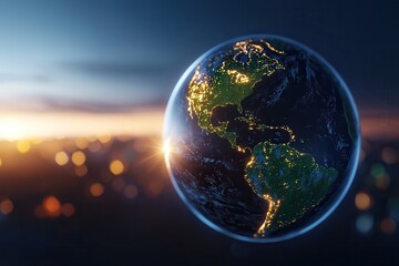 Fototapeta premium A stunning depiction of Earth from space, showcasing illuminated cities against a backdrop of twilight, highlighting the beauty of our planet.