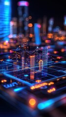 A vibrant, futuristic cityscape illuminated by neon lights, set atop a detailed circuit board, blending technology with urban aesthetics.