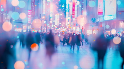 Tokyo city square at night with vibrant bokeh lights and a bustling crowd
