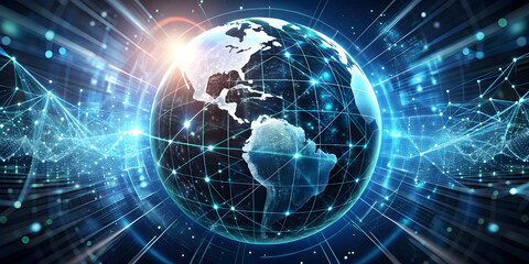 Global Network Connection: A futuristic digital illustration depicting Earth enveloped in a vibrant network of interconnected lines and nodes.