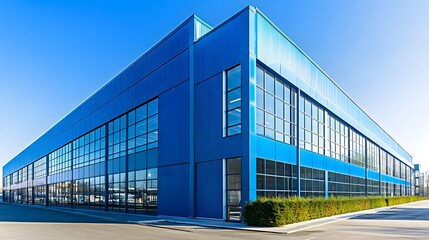 Fototapeta premium A modern warehouse with blue walls and a light gray roof, set against the backdrop of clear skies in an empty parking lot