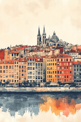 Obraz premium Lyon, France, color pen pencil hand-drawn effect drawing illustration for travel poster, card, wallpaper, backdrop or banner. Modern, clear, artistic and simple