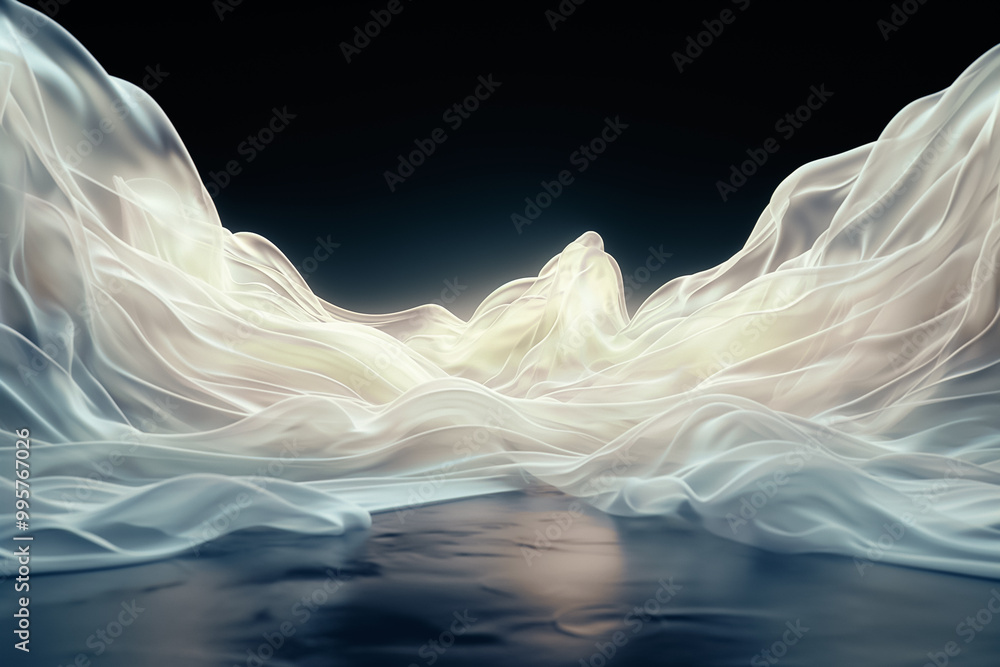 Poster soft waves of translucent fabric blend gently in muted tones, creating a calming and serene atmosphe