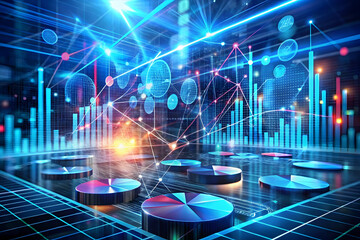 Data Stream Visualization: Abstract 3D rendering of vibrant data streams, charts, and graphs, illustrating dynamic financial or technological processes.