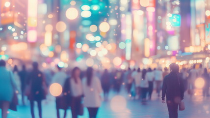 Bustling Tokyo city square with glowing bokeh lights and silhouettes of people in an abstract night scene