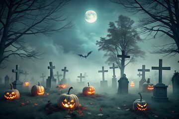 Fototapeta premium Enchanting Halloween Cemetery Captivating Graveyard with Full Moon in Dark Turquoise and Light Green Mist - Background for October 31.
