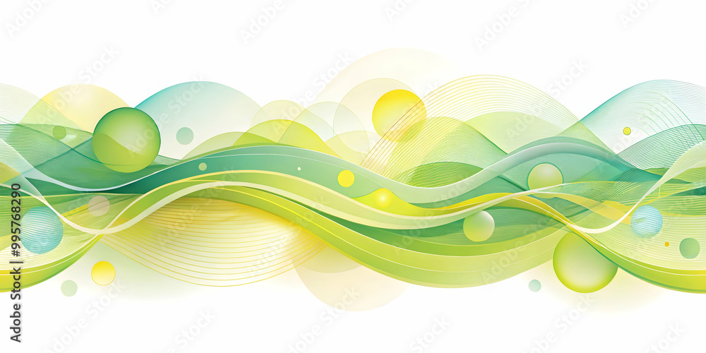 Poster serene green waves: abstract seamless pattern of flowing, translucent green and yellow waves with sp