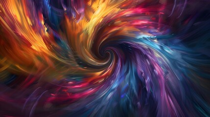 A vibrant abstract swirling pattern of blue, red, orange, yellow, and purple, with a black...