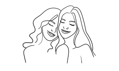 Happy womans continuous line art drawing isolated on white background. Happy girlfriends outline. Vector illustration