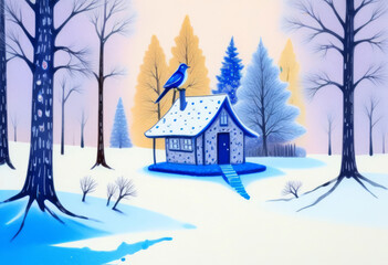 Fairytale landscape of a house in a winter forest