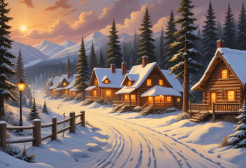 Fototapeta premium Illustration of a winter village with wooden houses