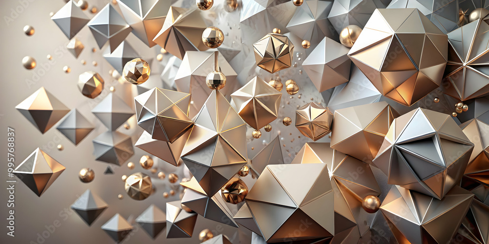 Poster golden geometric abstract: a mesmerizing 3d render of floating,faceted gold and silver geometric sha