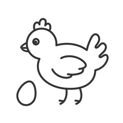 Standing chicken hen with egg line icon in side view. Editable stroke. For web design, logo idea, decoration. Rural scene and farming. Healthy organic food. Vector illustration isolated on white