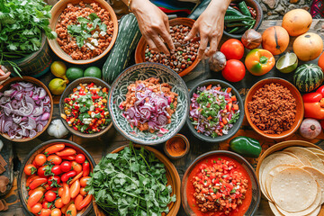 Fototapeta premium Two women preparing ingredients for traditional mexican dishes on rustic table