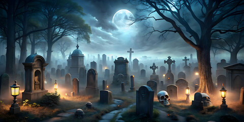 Haunted Cemetery Moonlight: A chilling scene of a graveyard under a full moon, shrouded in mist, with tombstones and skeletal remains, evoking a sense of mystery and the macabre. 