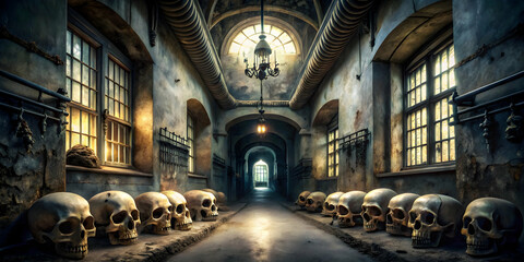 Naklejka premium Eerie Hallway of Skulls: A haunting, atmospheric image of a long, desolate hallway lined with human skulls, bathed in the soft light of a distant window.