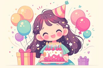 A joyful girl in a party hat holds a colorful birthday cake surrounded by balloons and gifts, embodying celebration and happiness.