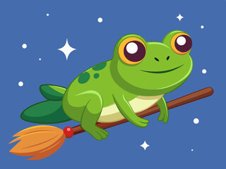 Cute frog lying on Magic Broom. 
