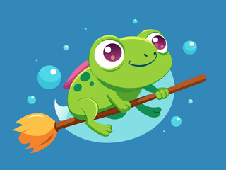 Cute frog lying on Magic Broom. 
