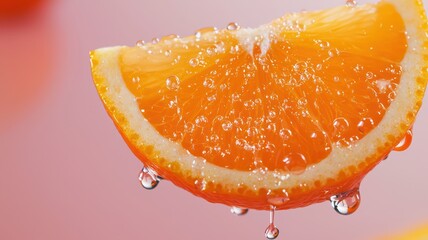 A vibrant slice of orange, glistening with droplets of water, exudes freshness against a soft pink background.