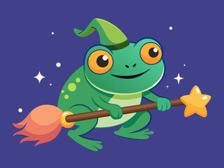 Cute frog lying on Magic Broom. 
