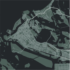 Map of Abu Dhabi in United Arab Emirates in a smooth dark style. Contains layered vector with roads water, parks, etc.