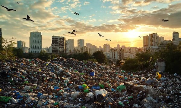 Cityscape and Garbage Dump at Sunset