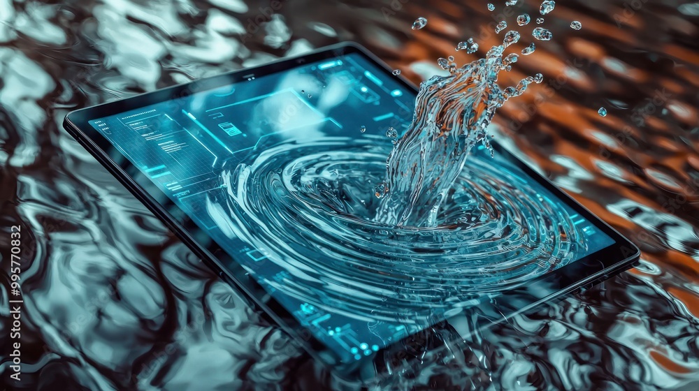Poster Tablet Splash Abstract, water interacts with digital screen, futuristic blend of technology and fluid elements