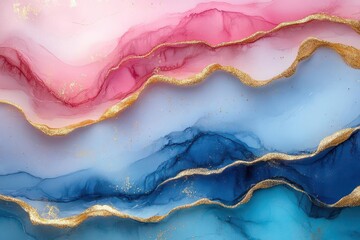 an abstract watercolor illustration featuring soft pastel pink and blue hues intertwined with golden lines creating a fluid and elegant texture that evokes a sense of calm