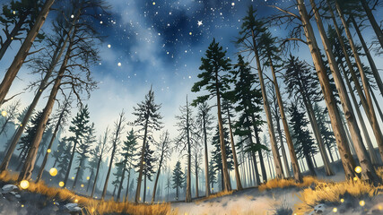Obraz premium Whimsical Forest Under Starry Sky at Twilight