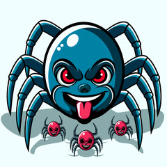 The illustration shows a large, cartoon-style spider with an evil grin, red glowing eyes, and its tongue out. It has blue legs and a shiny round body. Three smaller spiders with red bodies surround it