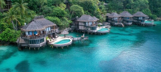 Obraz premium Overwater Bungalows with Private Plunge Pools and Panoramic Views Over Turquoise Lagoon