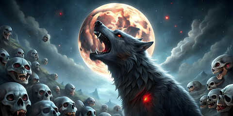 Howling Under Blood Moon: A fierce wolf howls beneath a crimson moon, surrounded by a chilling field of skulls. This haunting image evokes a sense of primal fear and the dark side of nature.