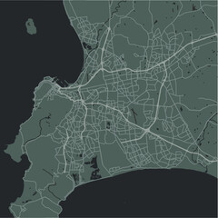 Map of Cape Town in South Africa in a smooth dark style. Contains layered vector with roads water, parks, etc.