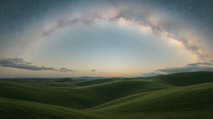 Serene Night Sky Over Rolling Green Hills