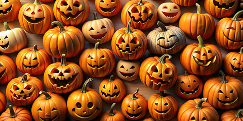 Pumpkin Patch of Smiles: A festive collection of carved pumpkins, each with a unique and whimsical expression, creates a playful and charming scene perfect for Halloween decorations.