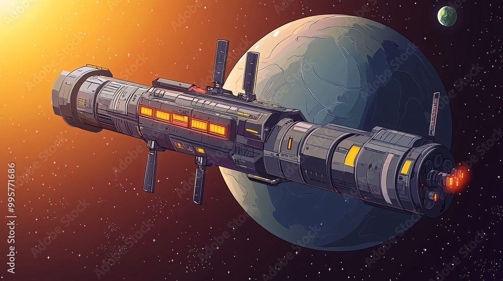 Poster a futuristic spaceship travels through space towards a planet with a glowing sun in the background.