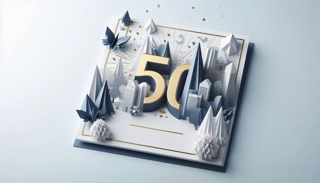 A modern 50-year anniversary image featuring geometric origami elements in shades of blue and gold, with a bold number 50 in the center, set against a light background - Powered by Adobe