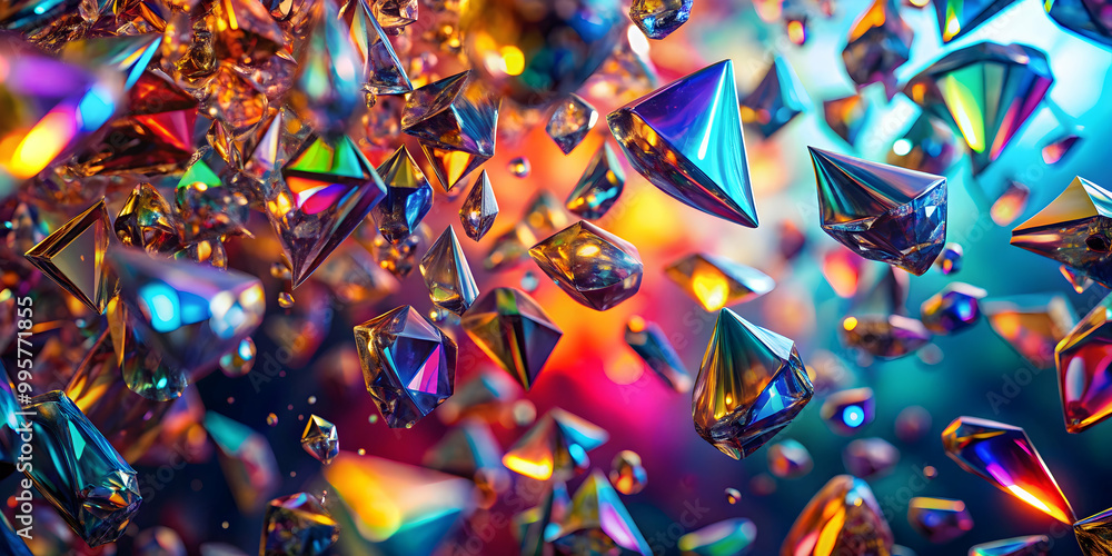 Poster chromatic symphony: a dazzling array of iridescent, geometric shapes dance in a kaleidoscope of vibr