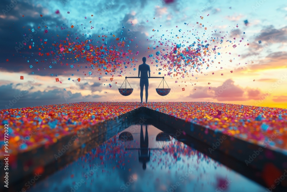 Poster a figure standing on a balanced scale with equal signs on either side symbolizing justice and equali
